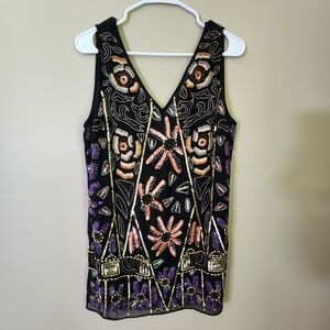 Free People Embroidered Black and Gold Floral Women's Dress Size XS Beaded Mini